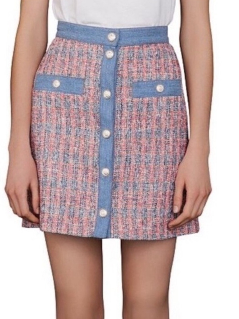 House of Harlow 1960 Pink & Blue Tweed Button-Front Mini Skirt size 2
